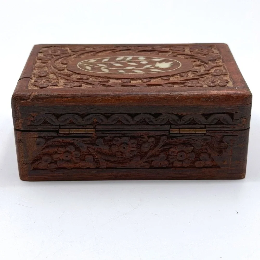 Vintage Hand Carved Wood Trinket Jewelry Needle Storage Box Faux Inlay